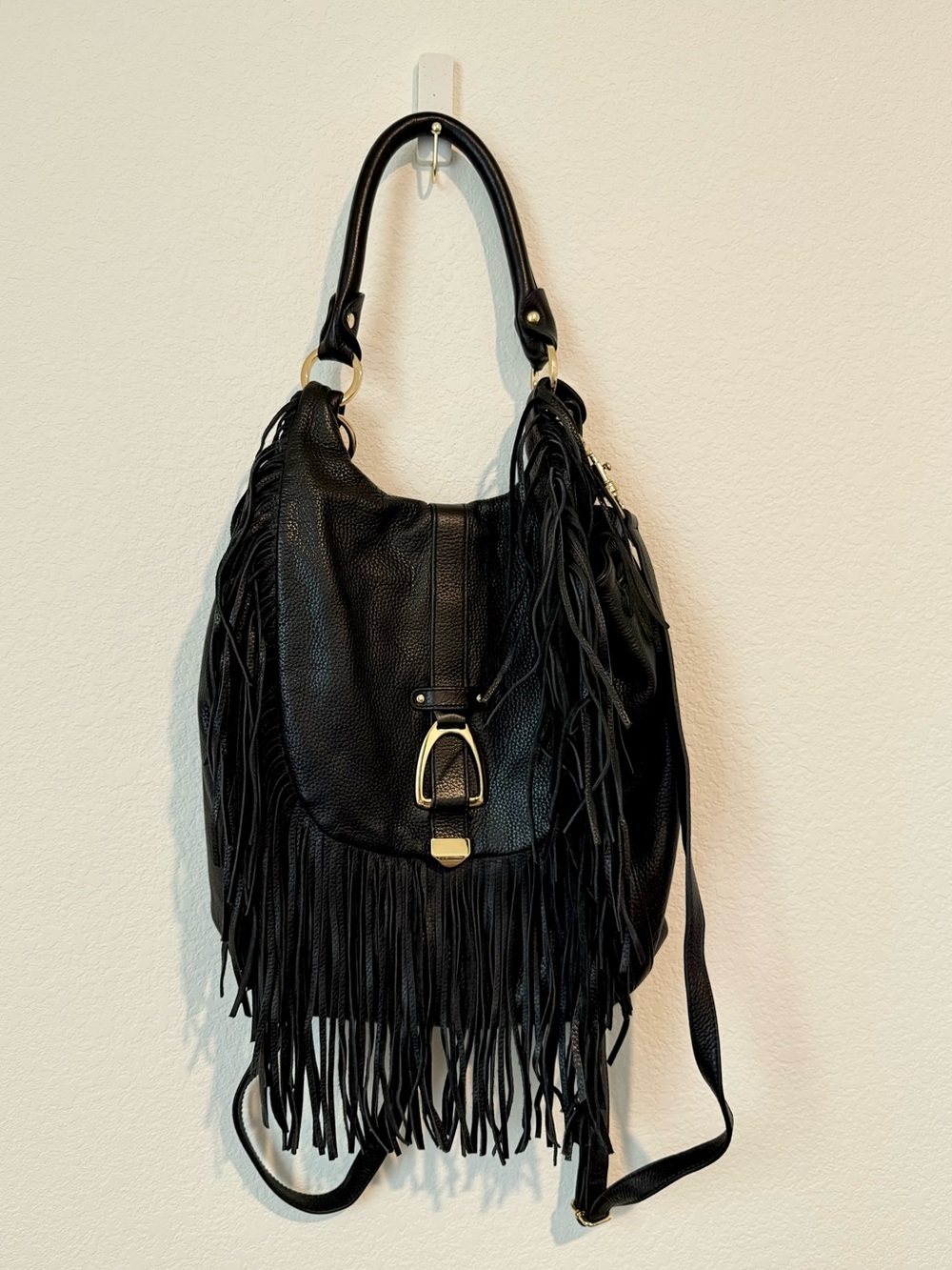 G.I.L.I. Black Leather Fringe Hobo Bag Backpack with Gold Hardware Accent